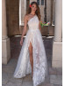One Shoulder Ivory Lace Tulle Slit Open Back Wedding Dress